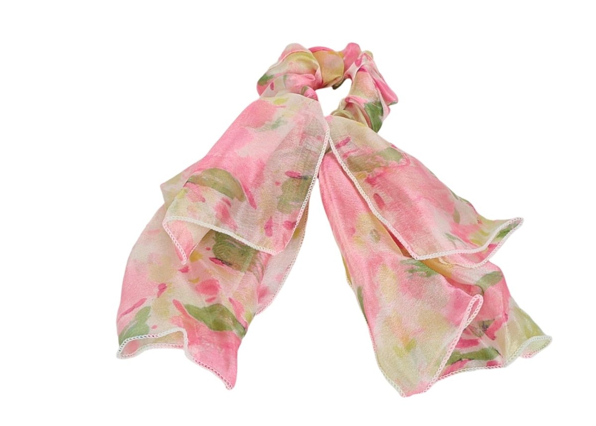 Chiffon hair tie scrunch bow with sheer pastel pink and green patterned loops