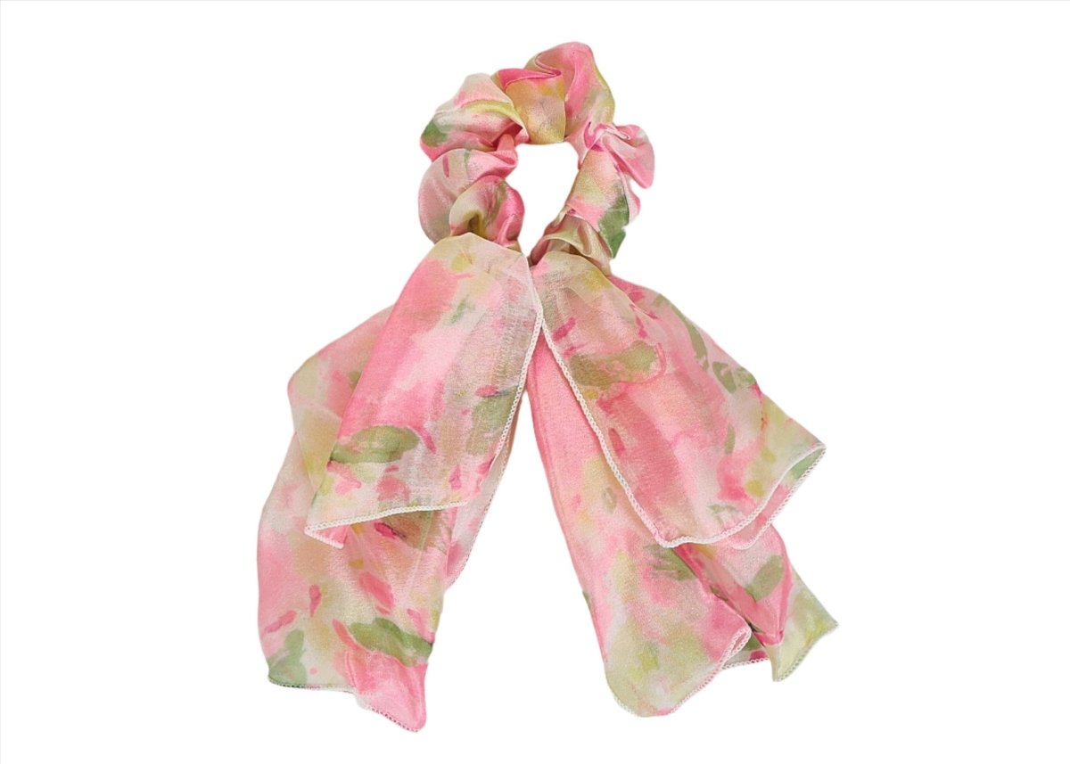 Chiffon hair tie scrunch bow with pastel pink and green ribbon streamers