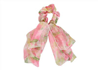 Chiffon hair tie scrunch bow with pastel pink and green ribbon streamers