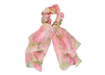Chiffon hair tie scrunch bow with pastel pink and green ribbon streamers