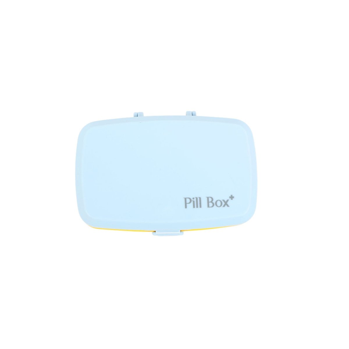 Six-cell pill organizer box with closed lid, light blue exterior