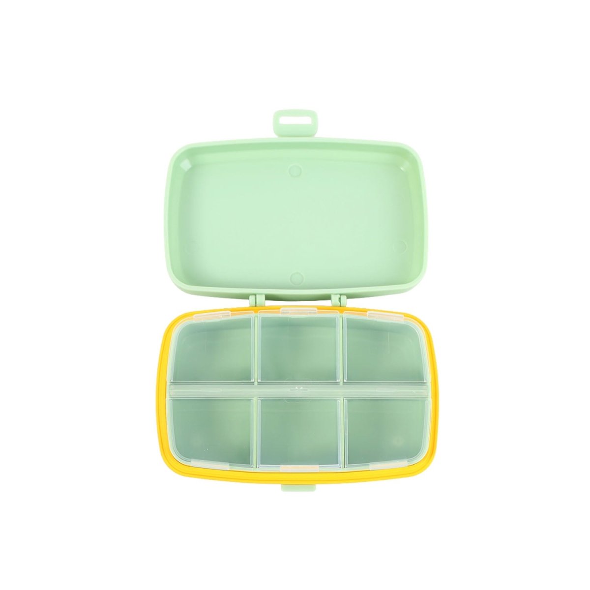 Six-cell pill organizer box with lid open, light green interior compartments