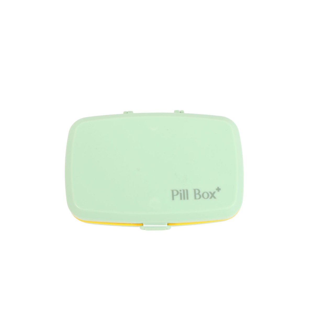 Six-cell pill organizer box with closed lid, light green exterior