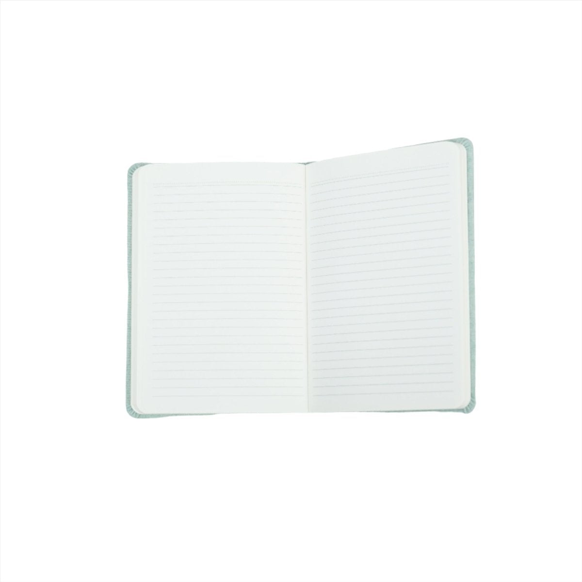 Open cloth-covered lined notebook with ruled pages and mint edges