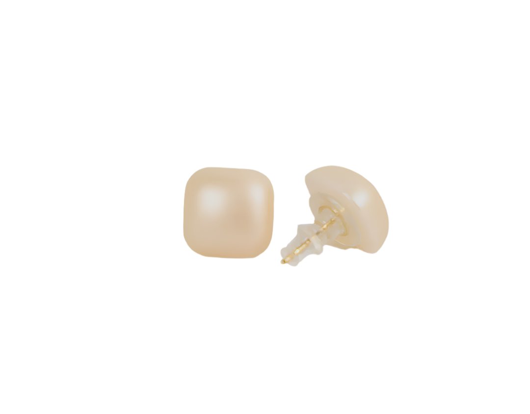 Glossy cream square stud earring with butterfly back, side view