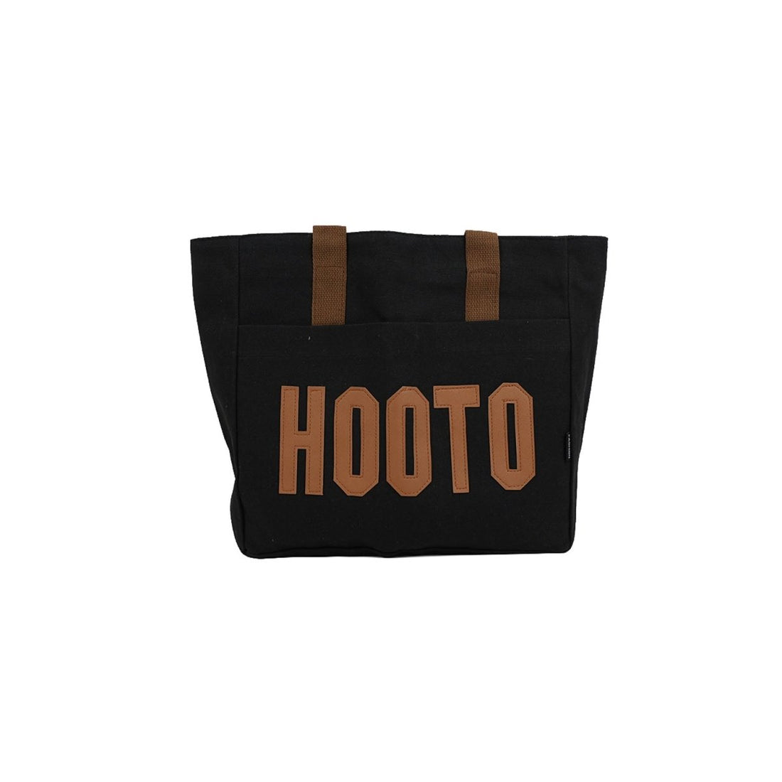 Canvas tote bag in black canvas with brown HOOTO logo and webbed handles