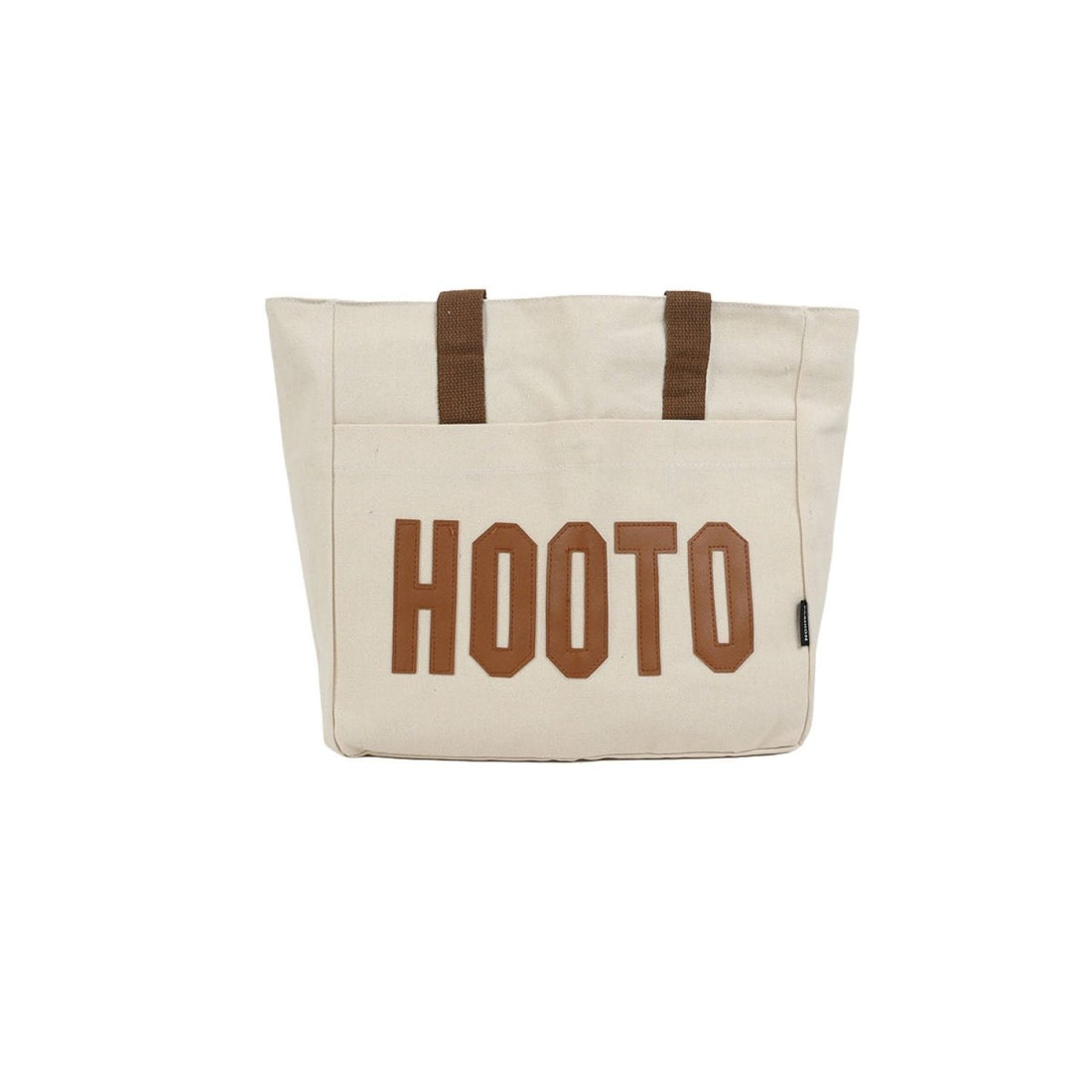 Canvas tote bag in beige canvas with brown HOOTO logo and webbed handles