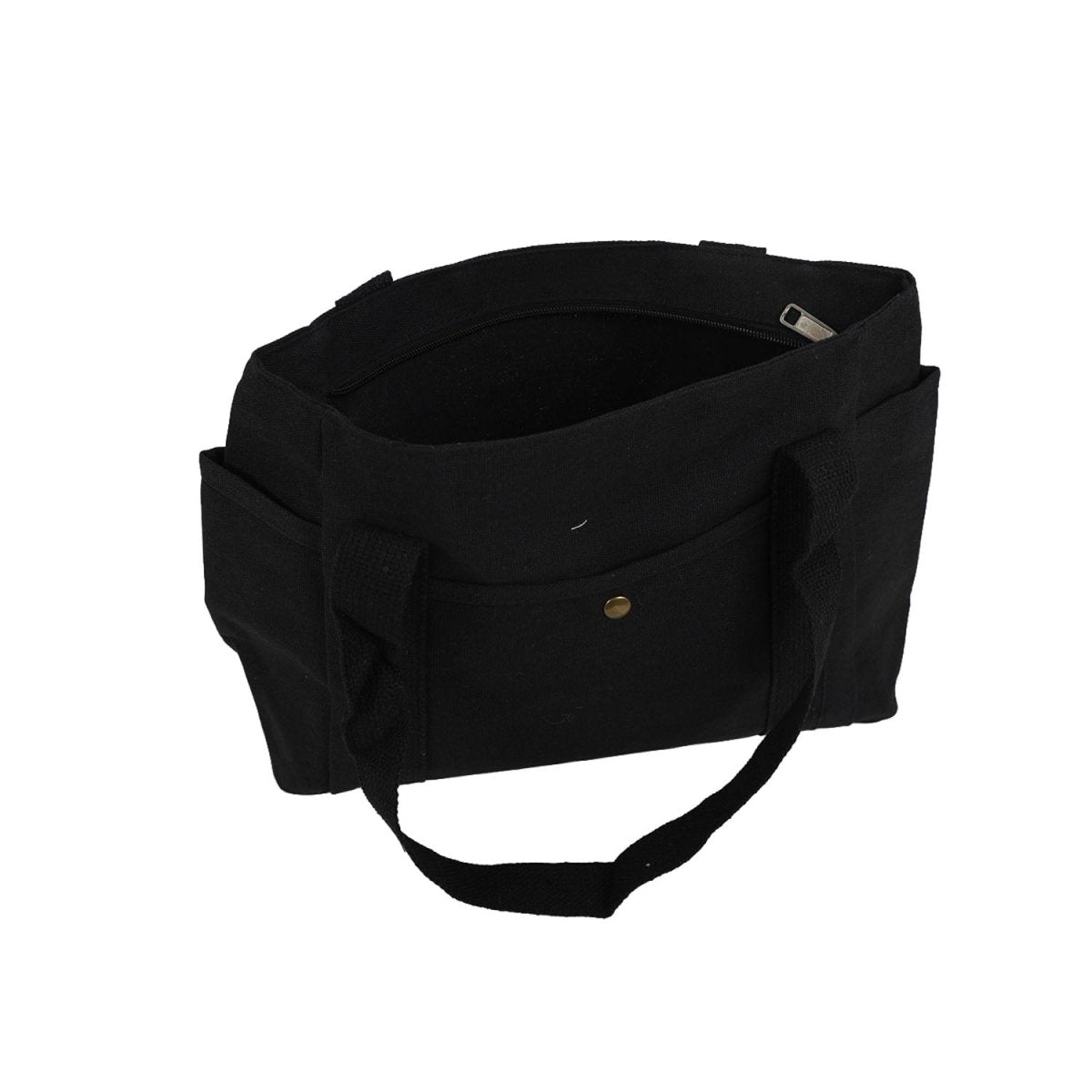 Black canvas tote bag with front pocket, snap closure, and adjustable shoulder strap.