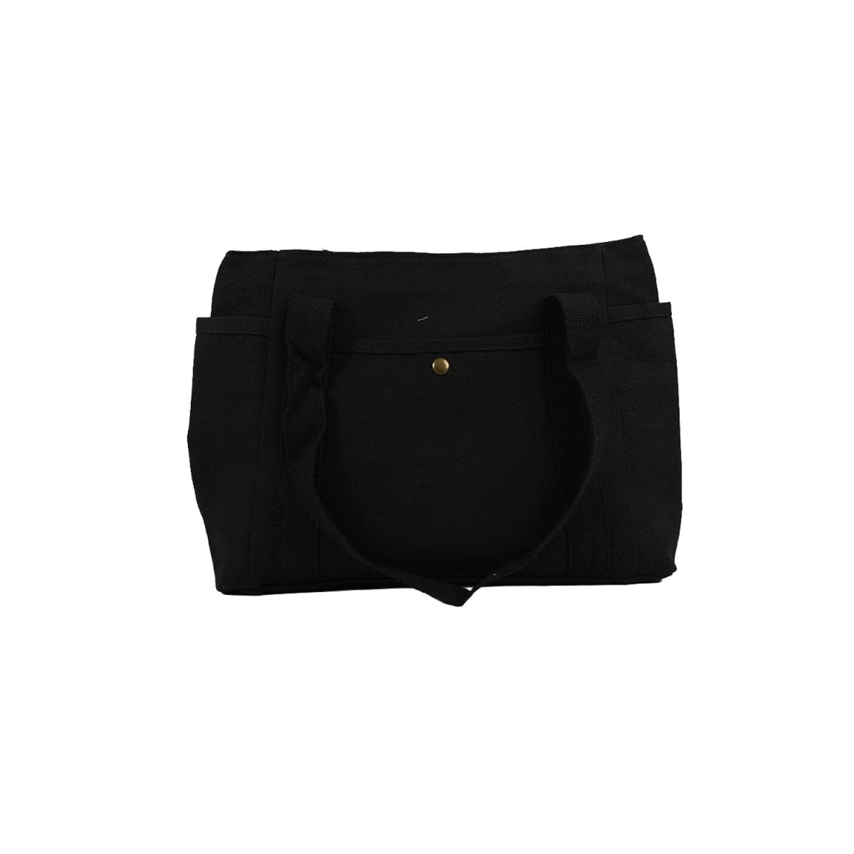 Black canvas tote bag with large front pouch pocket, shoulder straps, and snap button.