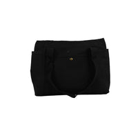 Black canvas tote bag with large front pouch pocket, shoulder straps, and snap button.
