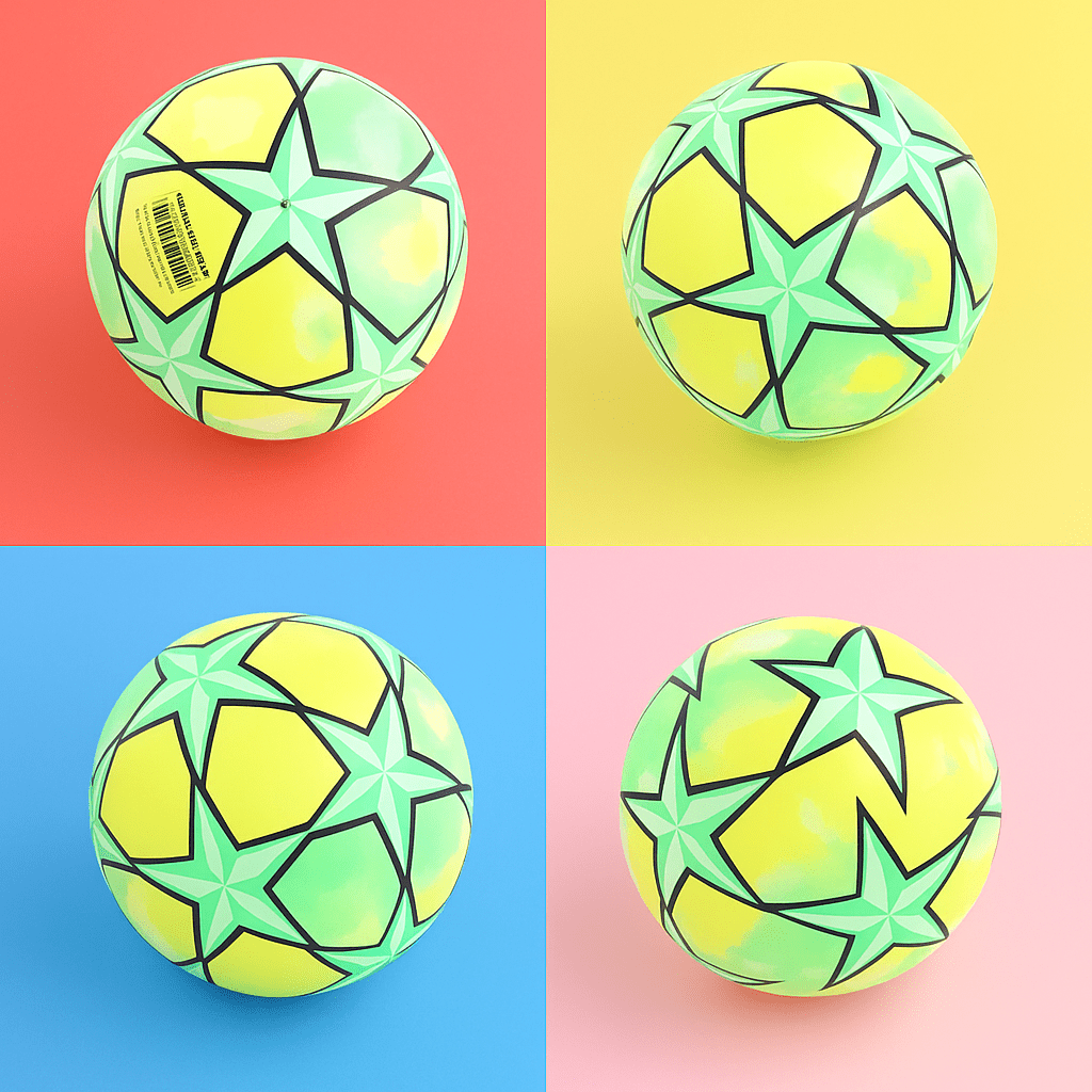 Football size 22.86cm, yellow and mint panels with black lines and star motifs