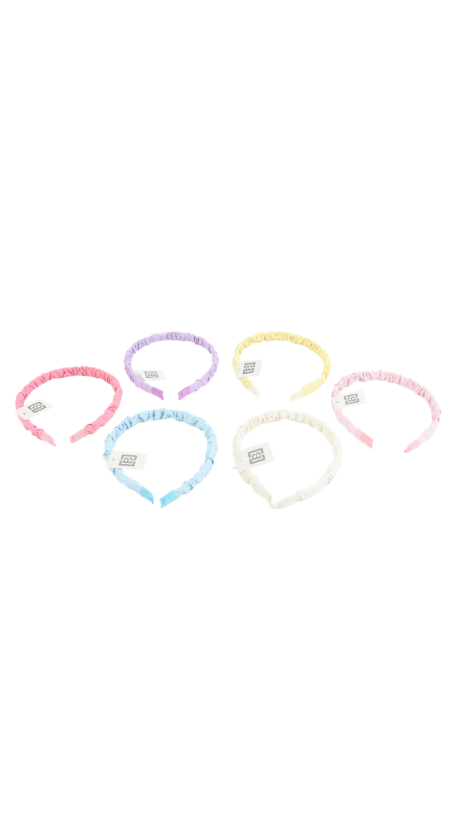 Set of six pastel fabric hairbands: light pink, lavender, light blue, cream, yellow, and white.