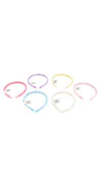 Set of six pastel fabric hairbands: light pink, lavender, light blue, cream, yellow, and white.