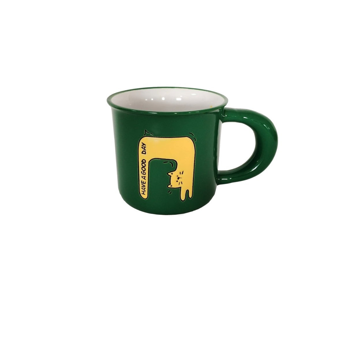 Green ceramic cup with cat graphic and “Have a Good Day” text