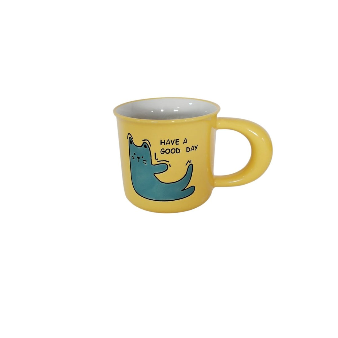 Yellow ceramic cup with cat graphic and “Have a Good Day” text