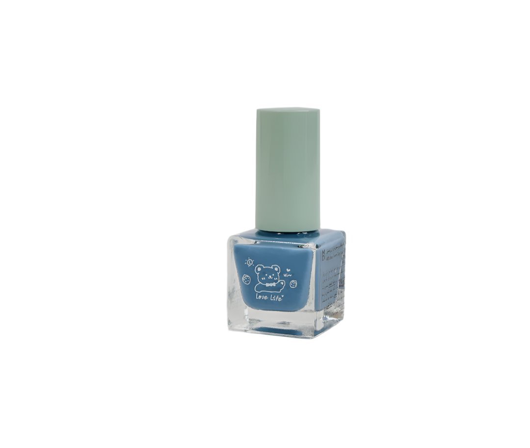 Sky blue nail polish bottle with pale mint cap, square glass, Love Life
