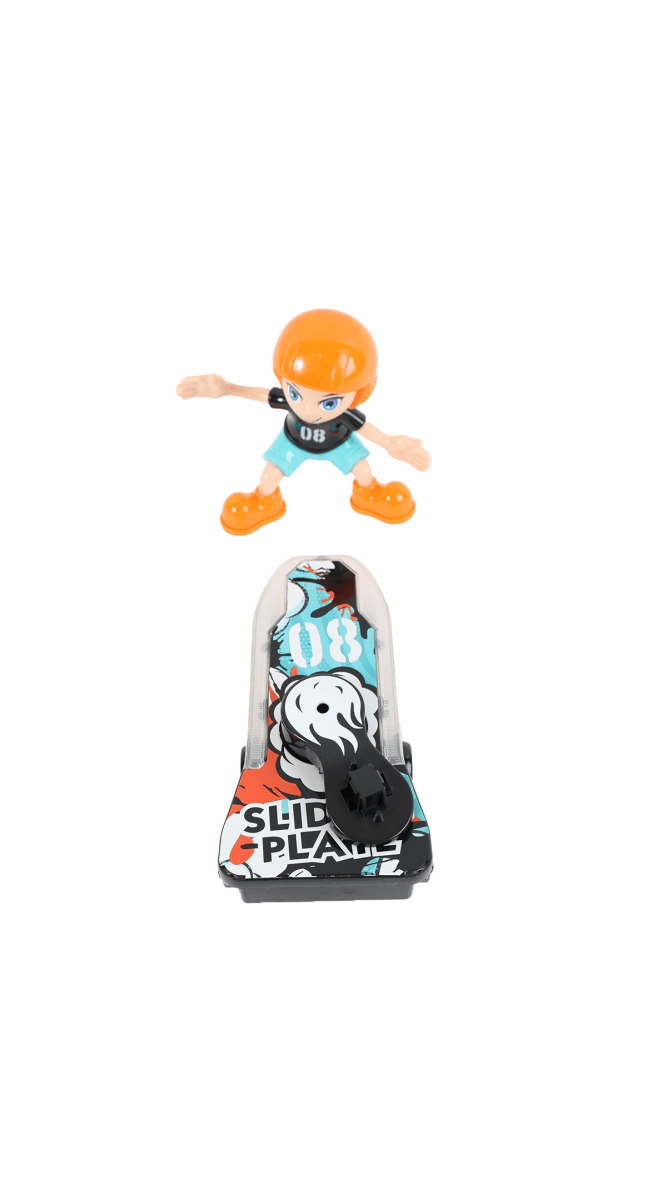 Sliding plate toy with skateboard base and orange-haired action figure, blue outfit.