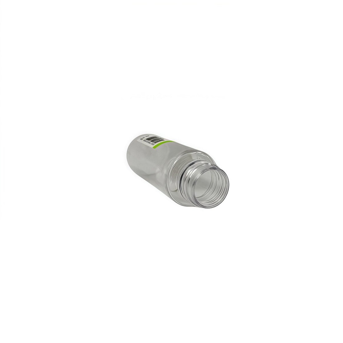 Small clear plastic travel bottle with threaded opening, cap removed
