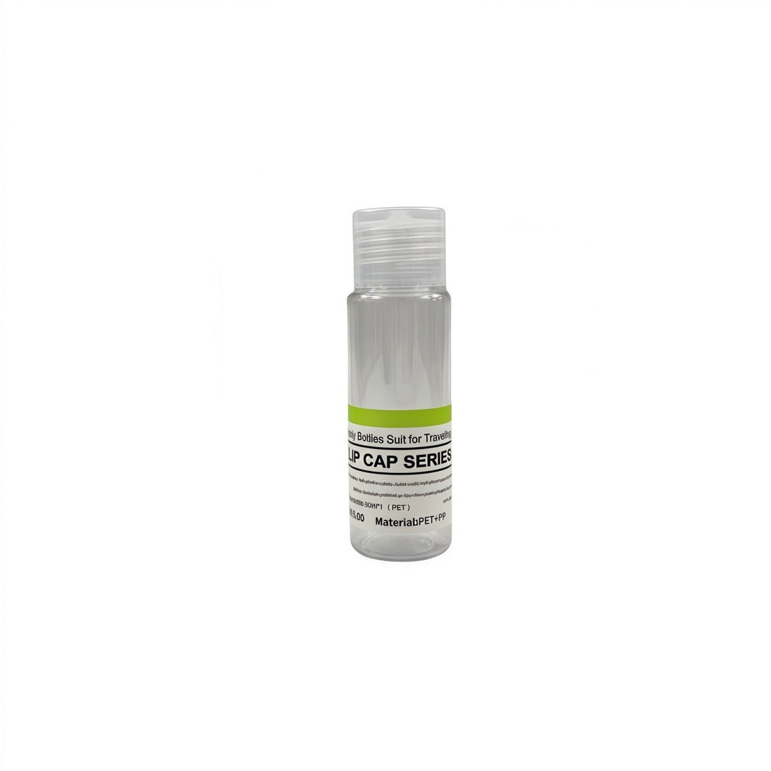 Small clear plastic travel bottle with ridged screw cap and green label band