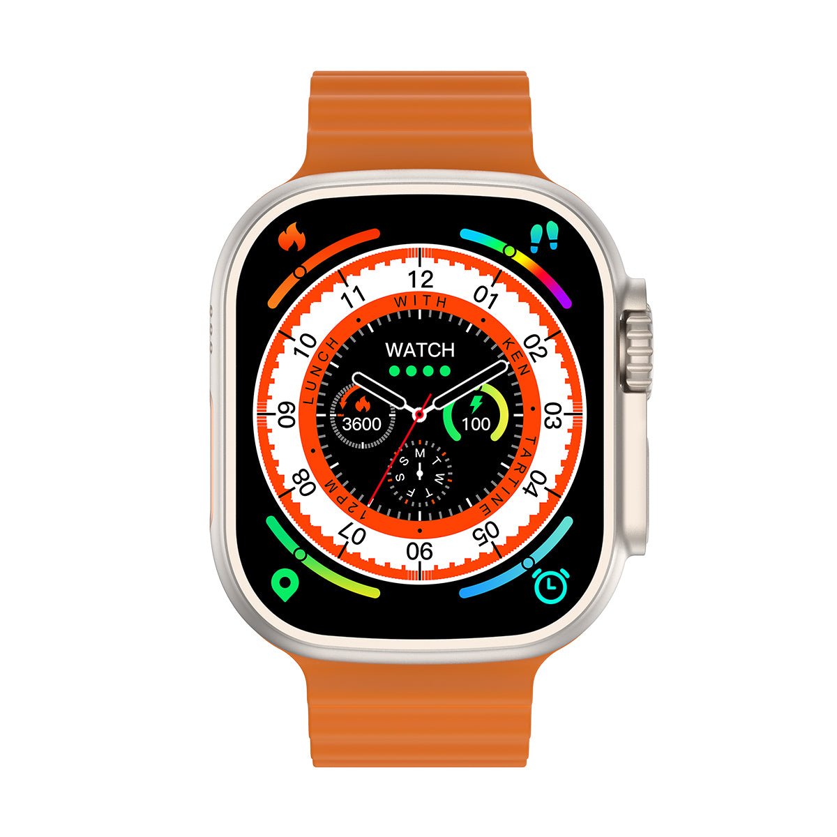 Smartwatch with orange silicone strap and silver case, colorful digital watch face