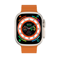 Smartwatch with orange silicone strap and silver case, colorful digital watch face