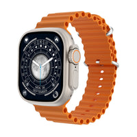 Smartwatch with orange perforated silicone strap and silver case, dark watch face