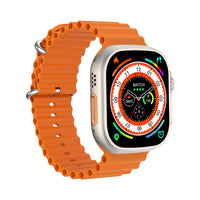 Smartwatch with orange perforated strap and silver case, side buttons visible
