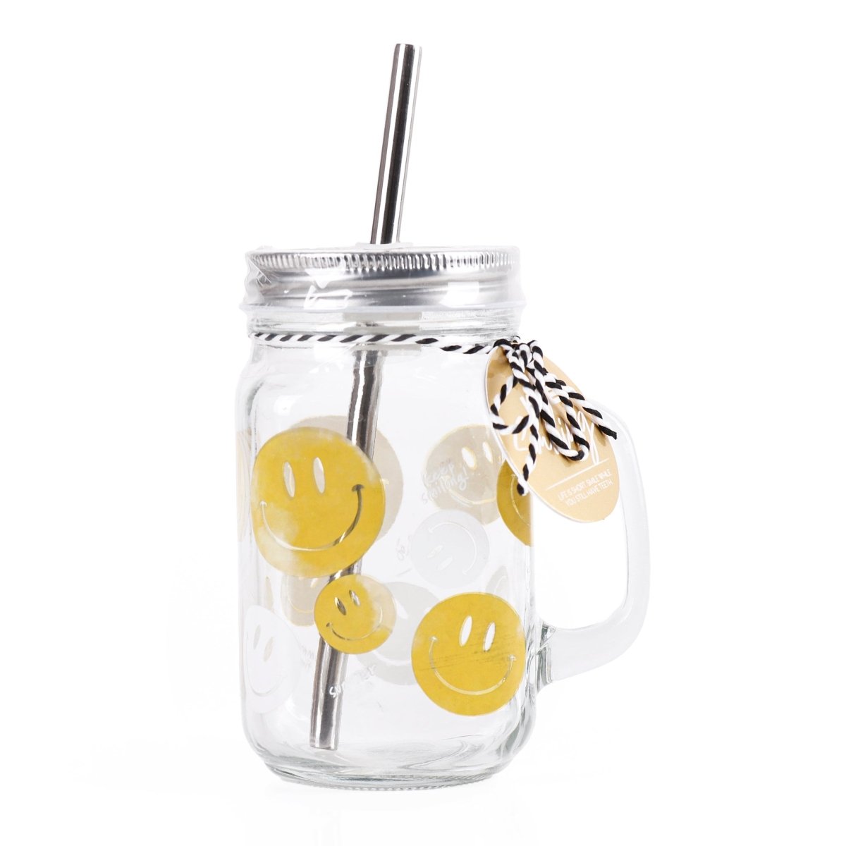Clear smiley mason jar mug with metal lid, straw, handle, and leopard charm decal