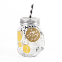 Clear mason jar mug with straw, metal lid, handle, yellow smiley faces, 'Keep Smiling' label
