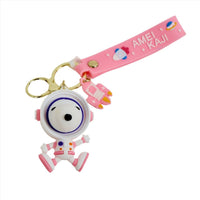 Pink astronaut Snoopy PVC keychain, round helmet face, gold ring clasp