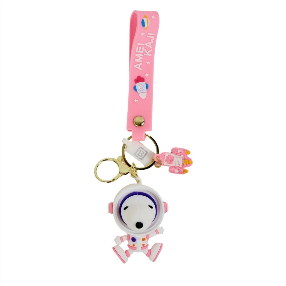 Pink astronaut Snoopy PVC keychain with lanyard and hanging helmet charm
