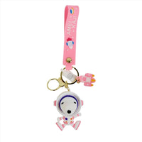 Pink astronaut Snoopy PVC keychain with lanyard and hanging helmet charm
