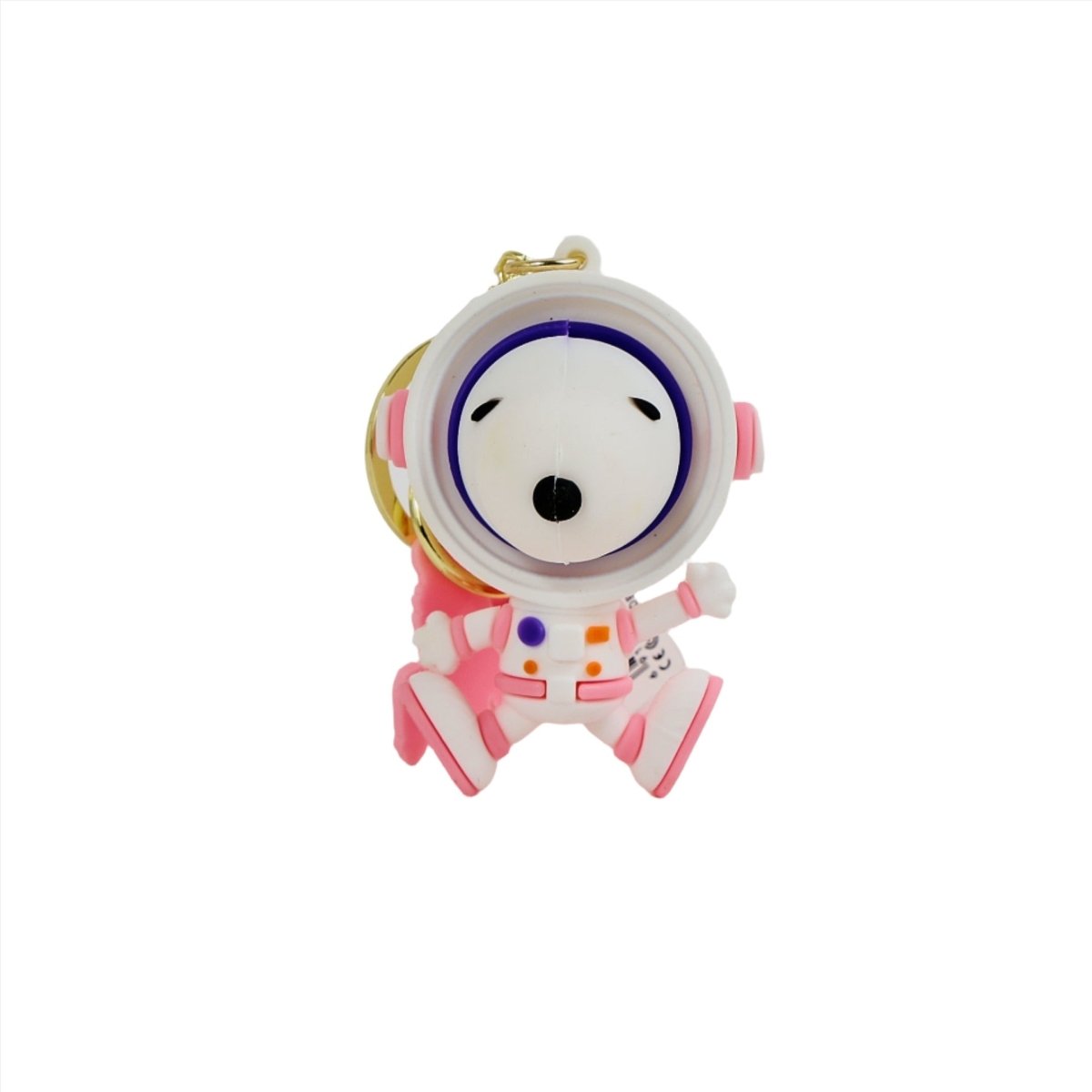 Astronaut Snoopy PVC keychain with close-up helmet face, red suit, gold clip