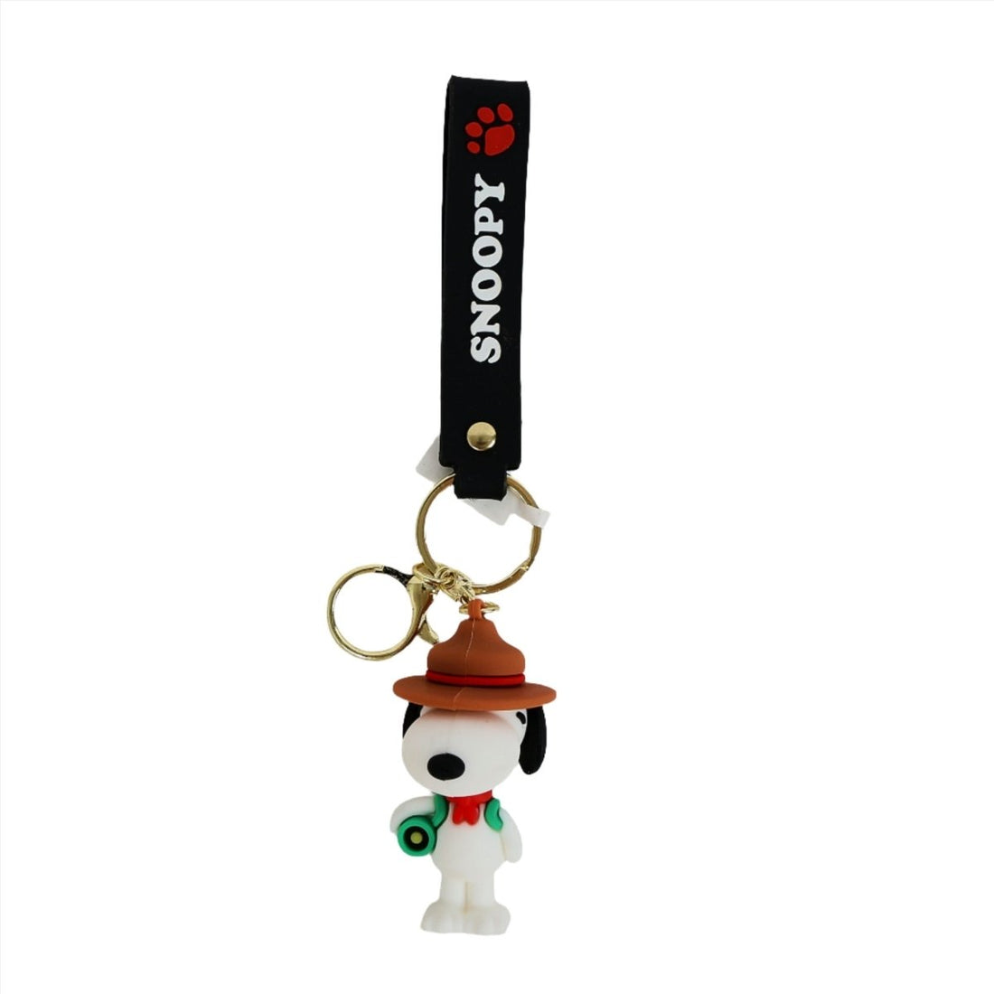 Snoopy PVC keychain with black strap, gold rings, and small white dog figure