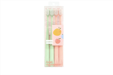 Soft bristle toothbrushes 4-pack in clear blister with pastel handles