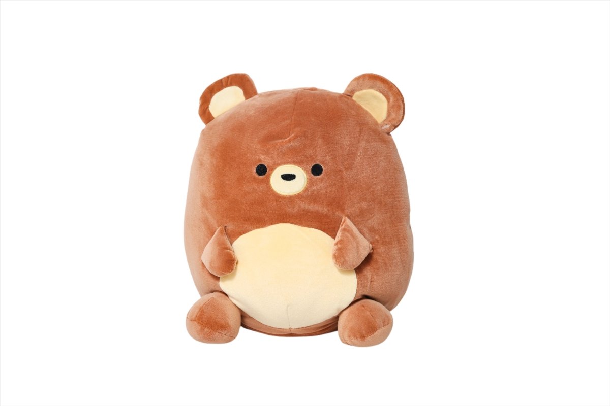 Plush bear with round cream belly, stitched face, and small rounded paws