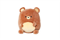 Plush bear with round cream belly, stitched face, and small rounded paws