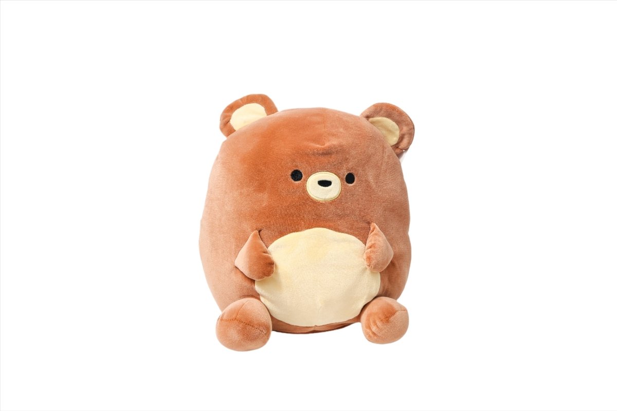 Plush bear with red-brown fur, cream belly patch, button eyes, and raised ears