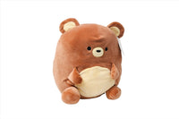 Plush bear with red-brown fur and cream snout patch, stitched nose and front paws