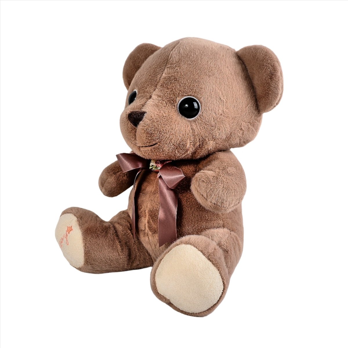 Soft brown teddy bear plush with mauve ribbon bow and embroidered nose.