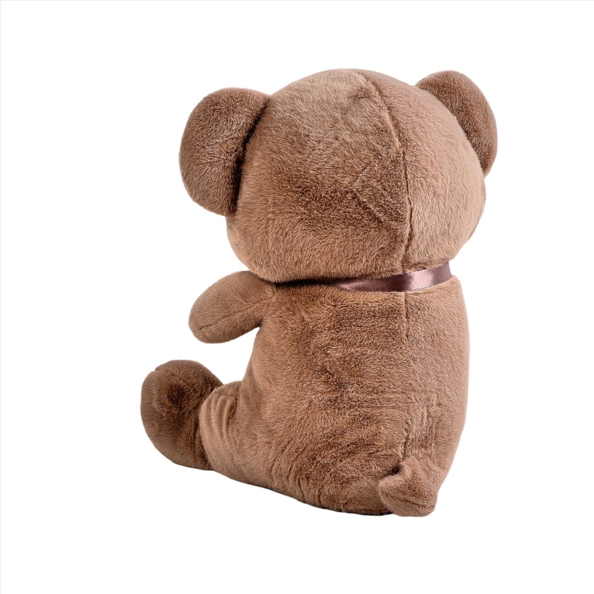 Soft brown teddy bear plush side view with mauve ribbon band collar.