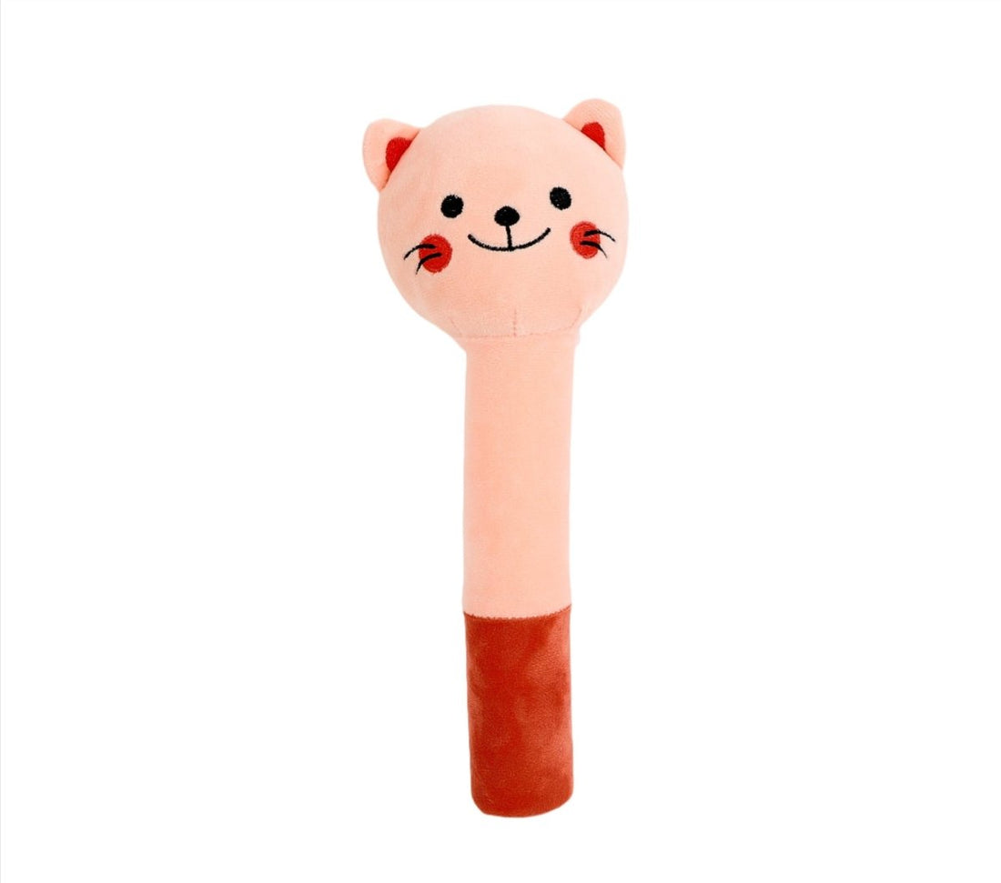 Pink cat-shaped plush baby toy with stitched face and ears