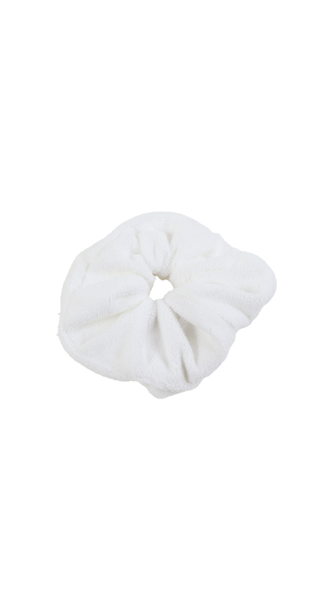 White cotton hair scrunchie with soft scrunched fabric and center knot