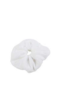 White cotton hair scrunchie with soft scrunched fabric and center knot