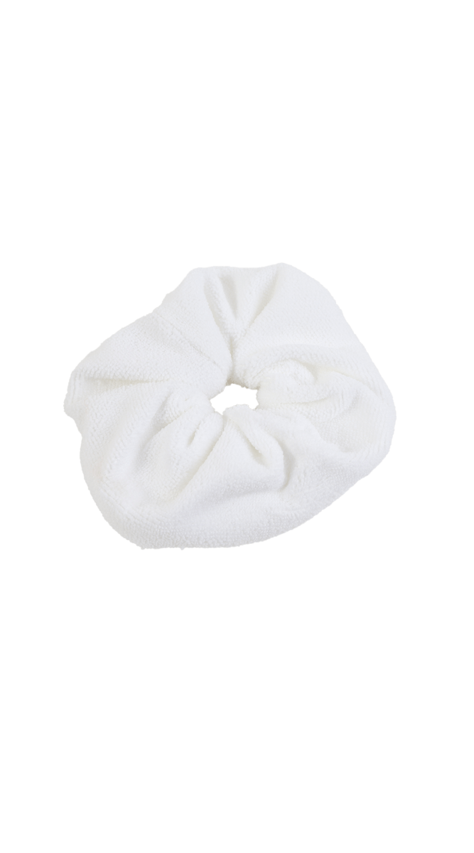 White soft cotton hair scrunchie with gathered, scrunched fabric