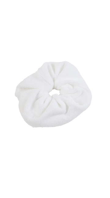White soft cotton hair scrunchie with gathered, scrunched fabric