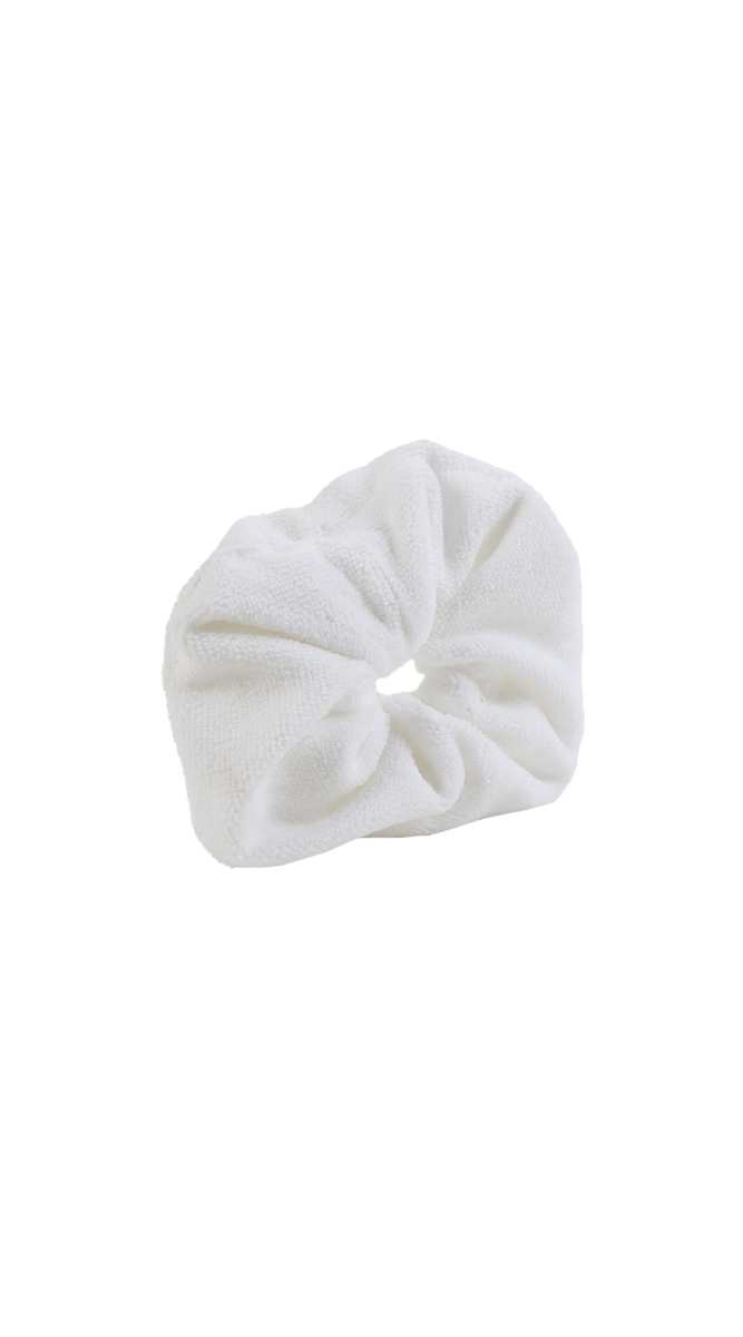 White cotton hair scrunchie with ruched folds and gathered center