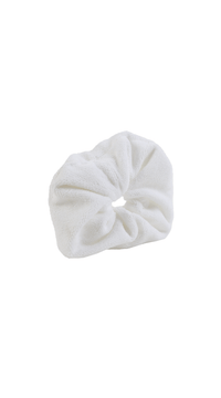White cotton hair scrunchie with ruched folds and gathered center