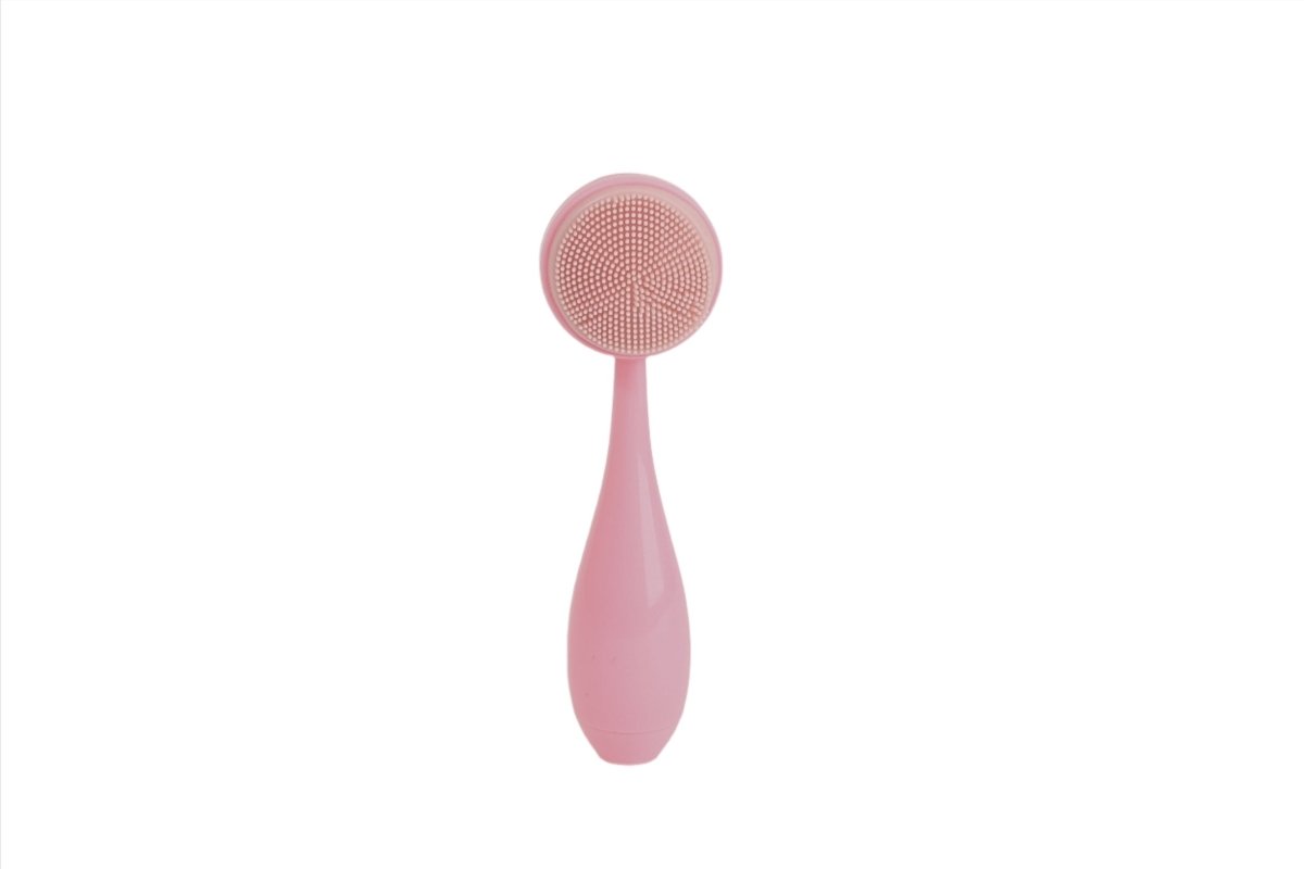 Pink face cleansing brush with fine-texture round head and teardrop handle