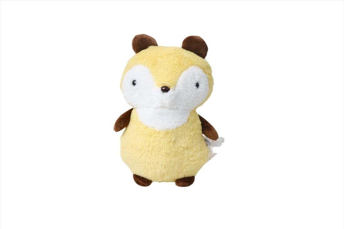 Fox plush toy with yellow fur, white face, and brown ears and feet